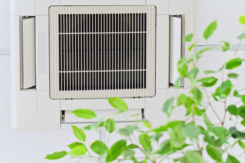 Modern home interior with air purifier and clean indoor air environment for improved indoor air quality
