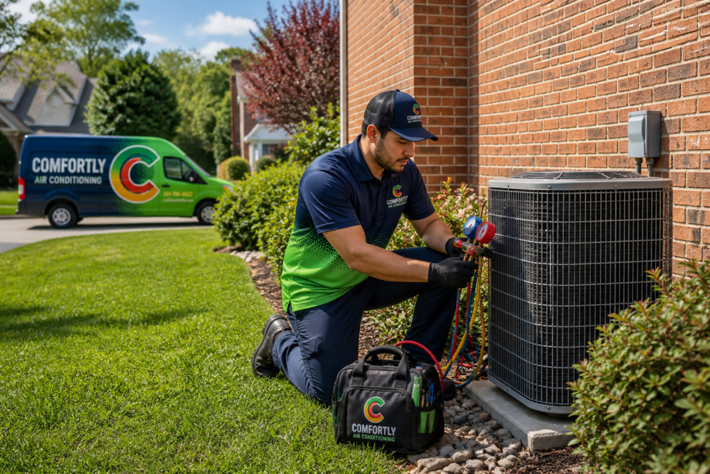 HVAC technician discussing the 3-strike rule for a 10 year old AC unit with a homeowner while inspecting an aging air conditioning system for repair or replacement.