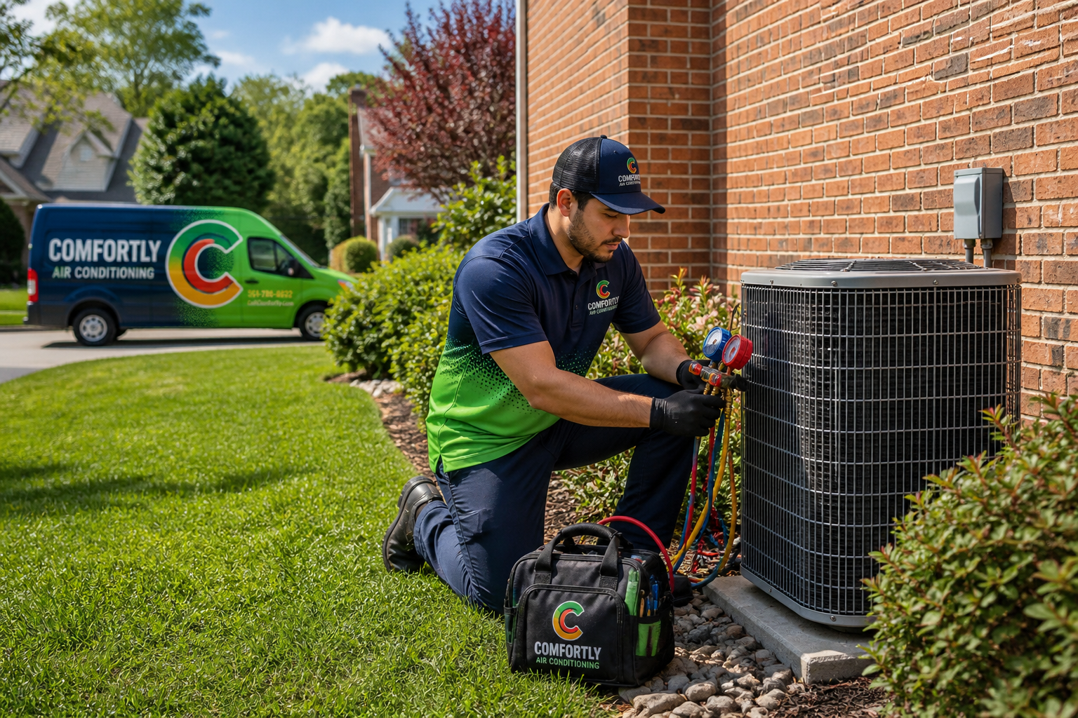 HVAC technician discussing the 3-strike rule for a 10 year old AC unit with a homeowner while inspecting an aging air conditioning system for repair or replacement.