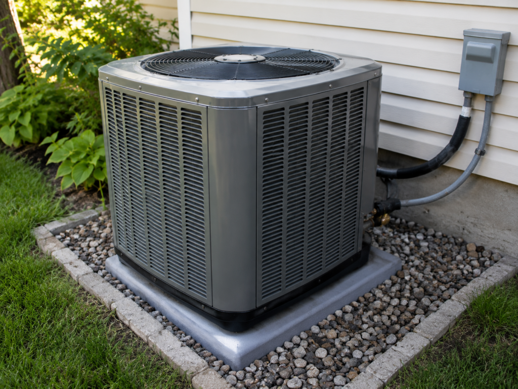 HVAC technician performing an annual AC service visit on a residential air conditioning system