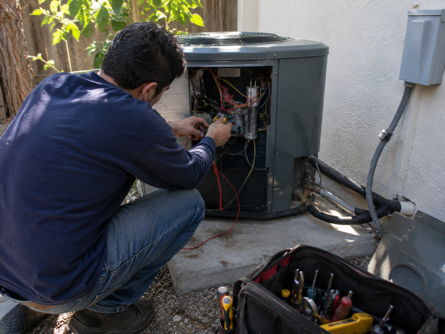 HVAC technician inspecting an air conditioner with a frozen evaporator coil during a repair service