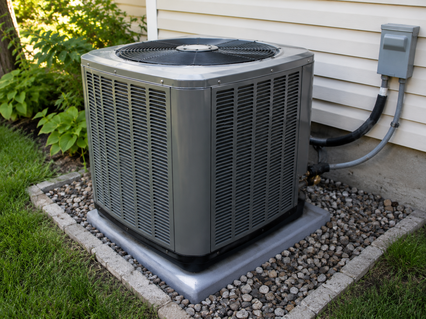 HVAC technician performing an annual AC service visit on a residential air conditioning system