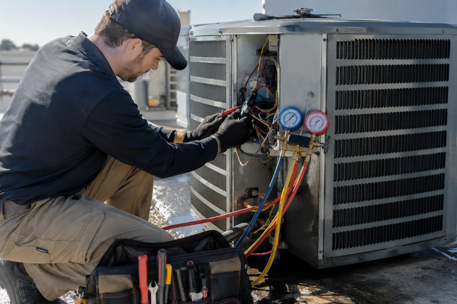 HVAC technician inspecting a heating and cooling system affected by seasonal HVAC maintenance mistakes